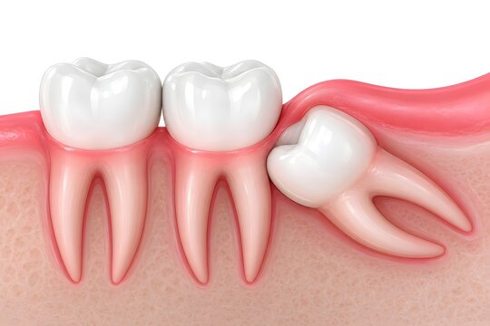 Impacted wisdom tooth pushing against adjacent molar causing dental crowding and potential pain 3D illustration