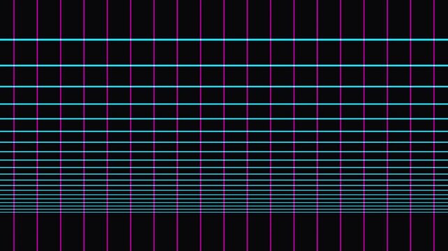Neon grid moving towards camera on dark background cinematic 80s retro synthwave style loop footage.
