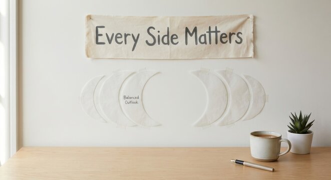 Minimal Workspace Featuring Banner 'Every Side Matters' and Tracing Paper Crescents
