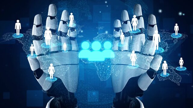 Futuristic Concept of Human and Robot Collaboration Featuring Hands of a Robot with Virtual Human Icons and a Digital World Map in the Background. Entropy.
