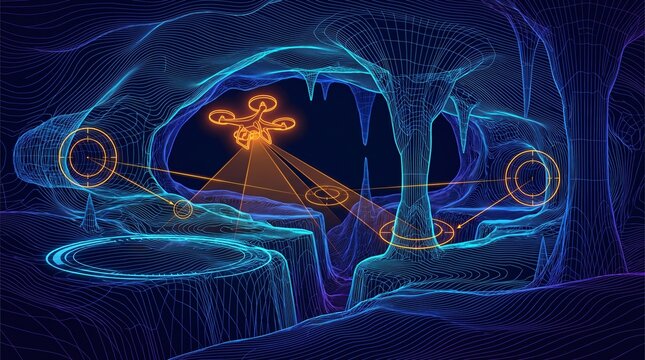 Underground Cave Survey Drone Control Interface Displaying Multi-Tiered Cavern Topographic Wireframe, Subterranean Elevation Mesh Contours, and Safe Landing Zone Waypoint Target Reticle HUD