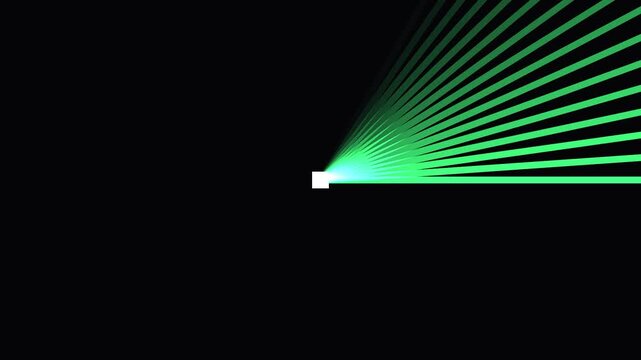 Neon green laser light beams radiating from small white square on dark black background motion graphic.