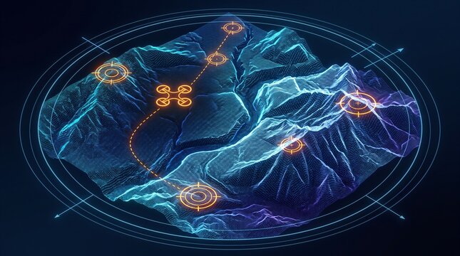 Isometric 3D Drone Control Interface Screen Displaying Digital Mountain Valley Topographic Map, Contour Line Terrain Wireframe Elevation Model, and Tactical Waypoint Target Acquisition HUD