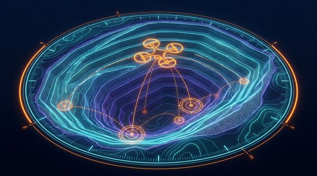 Industrial Quarry Drone Control Interface Displaying Stepped Open-Pit Mine Topographic Contours, Concentric Terrace Elevation Wireframe, and Excavation Waypoint Target Acquisition System HUD