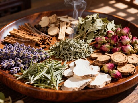 Wellness Chinese Herbal Medicine Wooden Tray Ultra Realistic Dynamic Light Shadow Sunlight Herbs Dimensional Texture Antique Mysterious Atmosphere