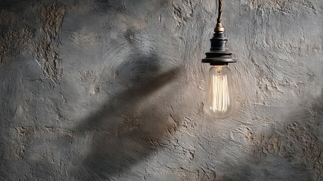 Authentic vintage edison lamp with exposed filament placed on rough concrete wall textured gray surface precise architectural lighting creating dramatic shadows modern industrial aesthetic