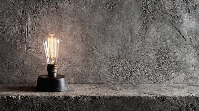 Authentic vintage edison lamp with exposed filament placed on rough concrete wall textured gray surface precise architectural lighting creating dramatic shadows modern industrial aesthetic