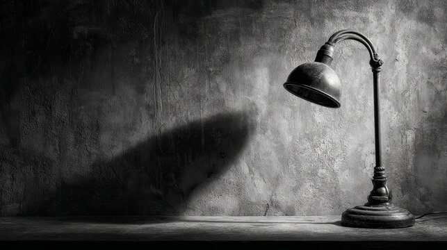 Classic edison lamp against textured concrete backdrop dramatic side lighting creating deep shadows highlighting intricate lamp design minimalist industrial architectural photography