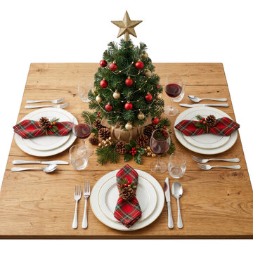 Christmas table setting with small tree and place settings isolated on transparent background