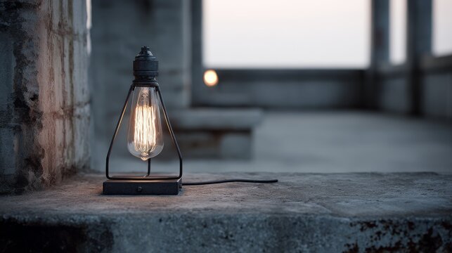 Nostalgic vintage edison lamp carefully positioned on smooth concrete surface precise lighting revealing intricate design details modern minimalist industrial aesthetic sophisticated visual narrative