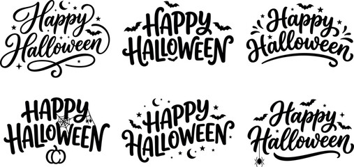 Collection of six black and white happy halloween lettering designs for seasonal © SUMANTORI