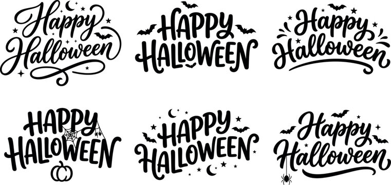 Collection of six black and white happy halloween lettering designs for seasonal