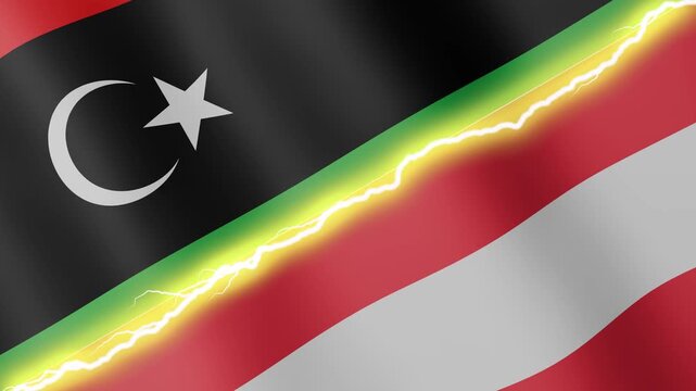 Two waving flags Libya and Austria with diagonal lightning seamless, 4k loop