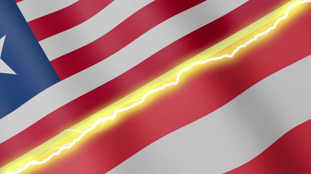 Two waving flags Liberia and Austria with diagonal lightning seamless, 4k loop