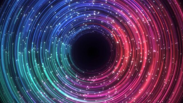 Abstract swirling vortex of colorful particles creating a dynamic and energetic tunnel effect with a dark center, suitable for sci-fi or motion graphics