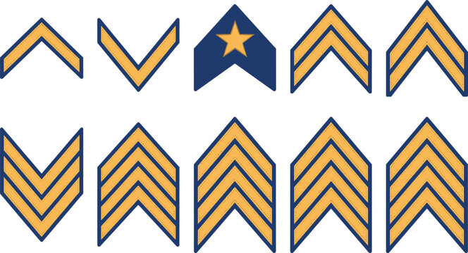 Military rank chevron insignia vector set with yellow and blue stripes shoulder sleeve emblems for army uniform patch