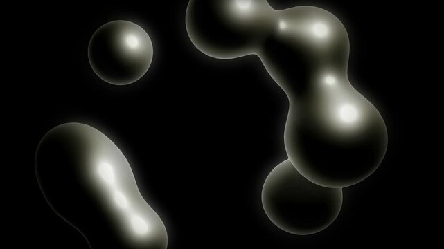 Abstract 3D illustration of metallic liquid droplets and flowing metaballs with glossy texture on dark black background for artistic design