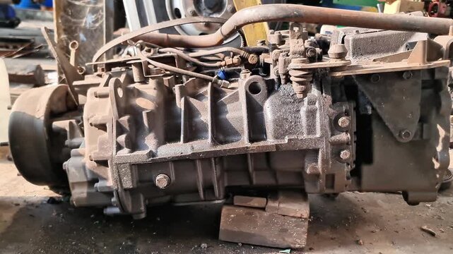 Dirty and greasy commercial vehicle manual gearbox unit at a mechanic yard.