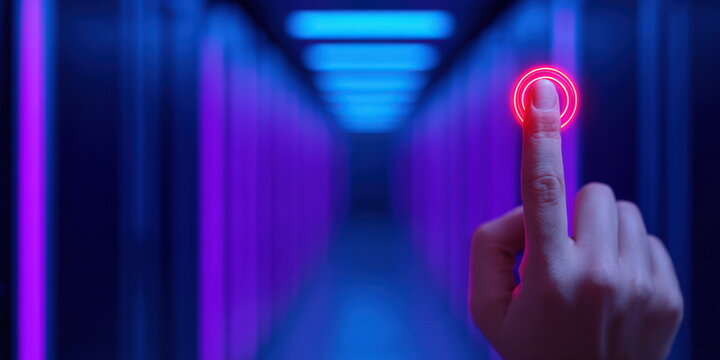 Finger touching glowing red digital interface button in futuristic server room corridor representing advanced cyber security and data system access