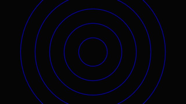 Abstract blue circles expanding from center against solid black backdrop motion graphics animation.