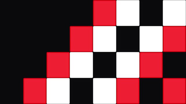 Abstract checkerboard animation with red black and white tiles plus floating squares on background.