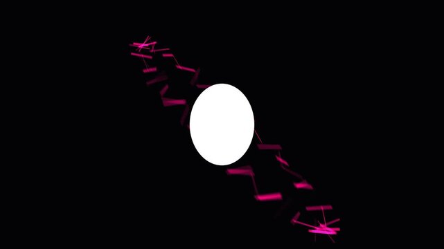 Abstract circular motion of pink glowing particles orbiting around white glowing core in darkness.