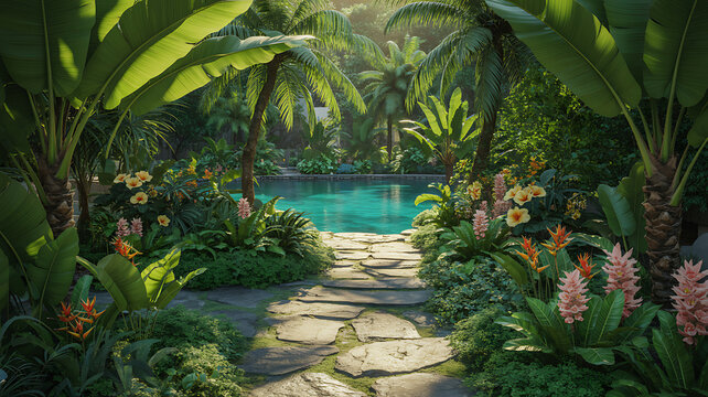 A tropical garden oasis with a clear turquoise swimming pool, stone pathway, vibrant flowers, and tall palm trees, creating a and relaxing atmosphere in a sunny, exotic outdoor setting