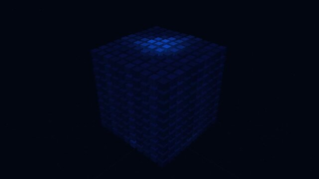 Abstract 3D glowing blue data cube made of small blocks floating in dark digital background