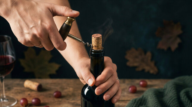 Opening a red wine bottle with a corkscrew and smoke effect - Wine festivals concept
