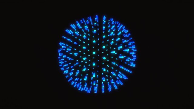 Abstract glowing blue sphere composed of small dots on a dark background, suggesting a digital or cosmic theme
