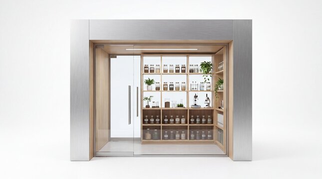 Modern minimalist office booth interior with glass door and wooden shelving display for a professional workspace environment