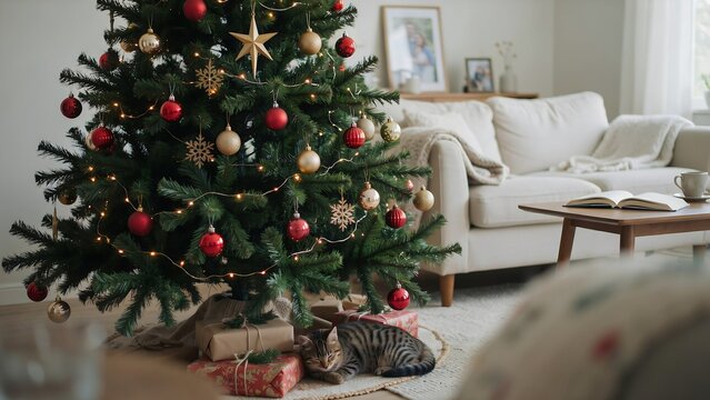Decorated christmas tree with lights and baubles in a cozy white living room