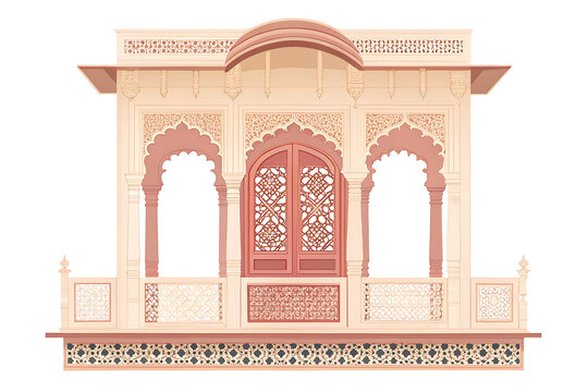 Minimalist Indian palace balcony, elegant jharokha window with delicate carved patterns, muted pink, cream and terracotta colors, symmetrical luxury vector illustration, white background.