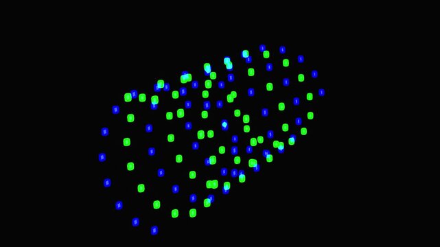 Abstract cylinder rotating in black space made of glowing blue and green dots for digital graphics.