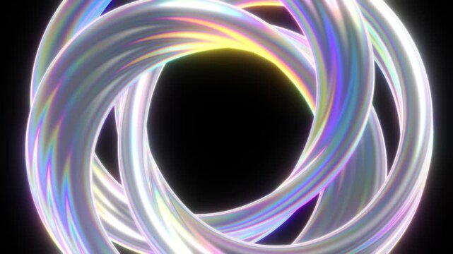 Abstract iridescent metallic torus knot with vibrant rainbow light reflections against a dark background