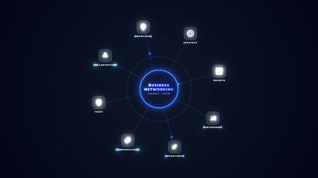 Abstract Digital Business Networking Concept with Glowing Connected Nodes and Interface Icons on Dark Background