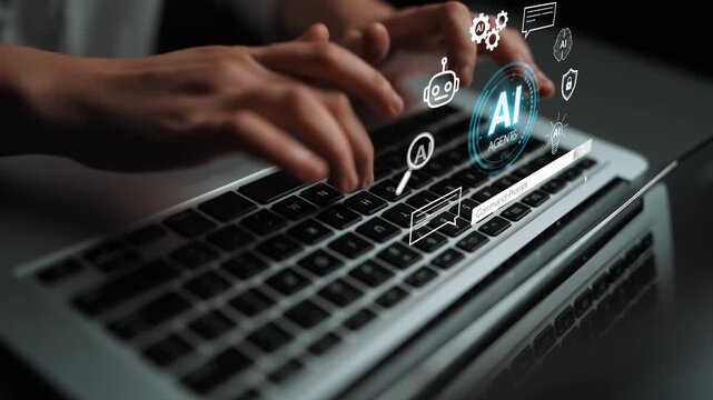 Hands Typing on Laptop with AI Icons and Digital Elements, Representing Technology, Innovation, and Modern Communication Concepts in a Professional Setting. Entropy.