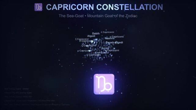 Astrological Star Map Featuring the Capricorn Zodiac Constellation Symbol and Celestial Navigation Points in a Dark Night Sky Graphic