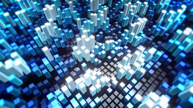 Futuristic 3D digital bar chart and glowing blue cubes representing big data technology and analytics
