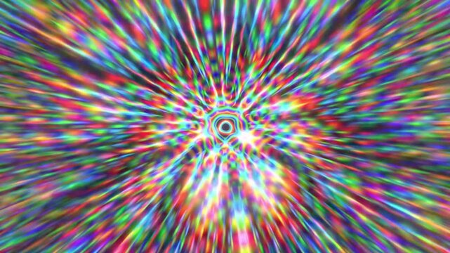 Psychedelic colorful abstract rainbow light rays explosion background with kaleidoscope motion blur pattern