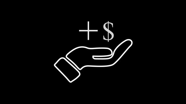 White line icon showing a hand holding a dollar symbol, payment money transfer and business services on black background.4k