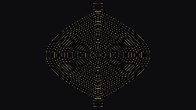 Abstract gold lines forming concentric geometric shape pattern pulsing against deep black background.