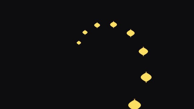 Abstract golden christmas ornament shapes forming spiral rotation pattern on solid black background.