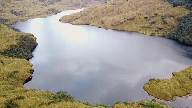 Aerial view of a highland lake in Cajas National Park, Cuenca, Ecuador.
