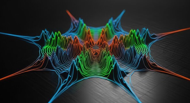 Abstract dark digital pattern showing complex resonant wave oscillations spreading across a foundational planar surface, energy, digital, resonance