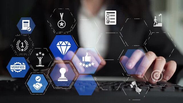Quality approval and certification icons showing verified badge, standard check, award, trophy, inspection, rating, quality management, guarantee, trust, and compliance. Funnel