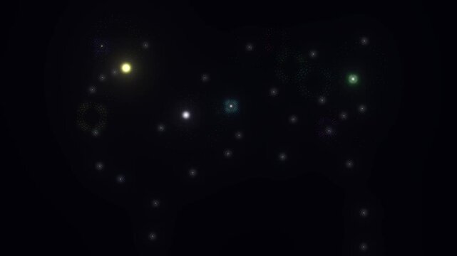 Black background glowing colorful fireworks sparkling cosmic particles drifting through outer space abstract universe galaxy celebration festival overlay design