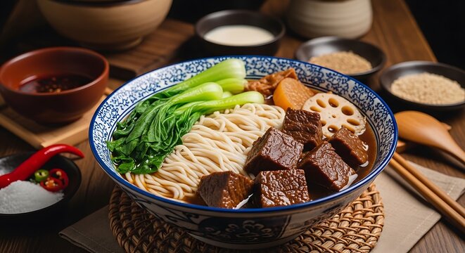 Bowl of braised beef noodle soup with bok choy and lotus root