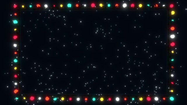 Festive Christmas light border frame background with colorful glowing bokeh and glittering stars on dark backdrop for holiday season