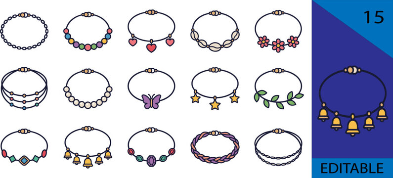 Set of 15 colorful boho bracelet icons beaded heart shell flower butterfly editable vector collection kit bundle design mockup illustration